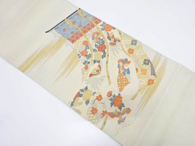 アンティーク　几帳に古典柄・花鳥模様織り出し袋帯（材料）